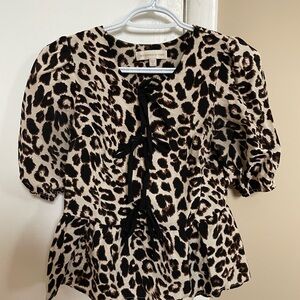 Leopard Print Puff-Sleeve Tie-Front Blouse - Black & Cream